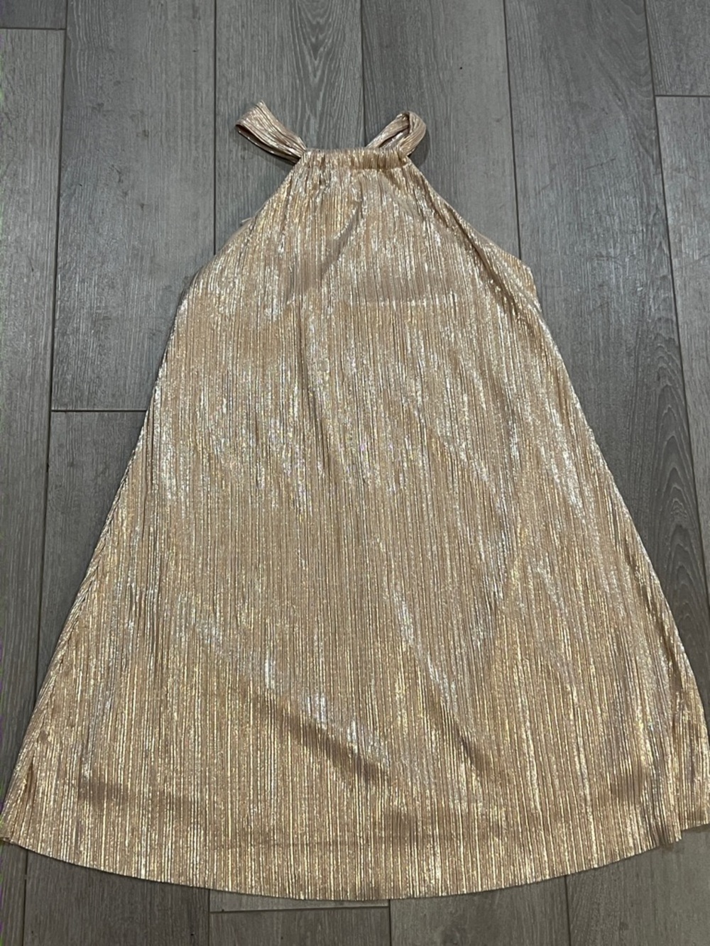Lush Gold Metallic Pleated Halter Dress
